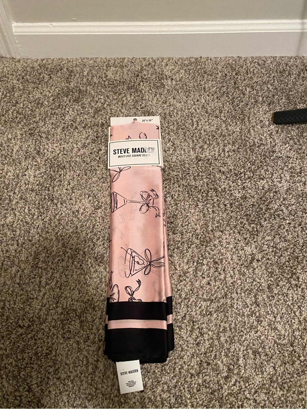 Steve Madden Multi- Use Square Pink Satin Scarf with Black Border NWT